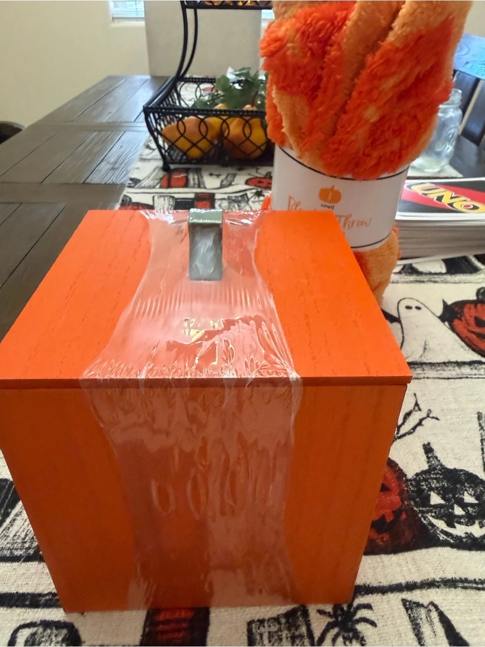 Pumpkin tissue box and Cozy Orange Blanket Throw - Fall Halloween Accent